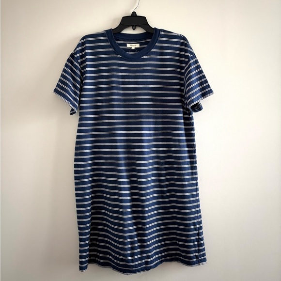 Madewell Tina Stripe Crew Neck T-Shirt Dress Blue White Cotton Womens L Preppy - Picture 4 of 14